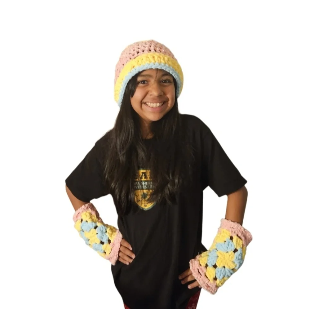 Handmade Pastel Crochet Beanie Wrist Warmers Set Pink Yellow Blue Hand Knit - Picture 15 of 16